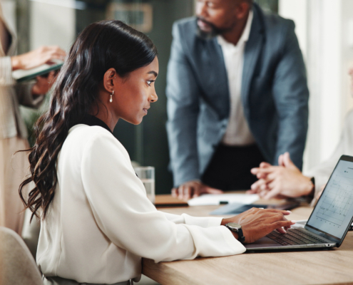 Office, Business People And Woman With Laptop For Typing