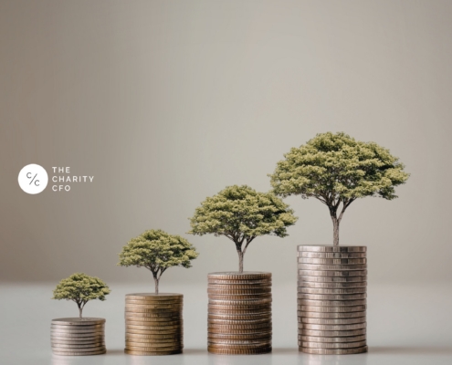 Stacked coins with growing trees representing nonprofit funding sustainability and long-term financial growth