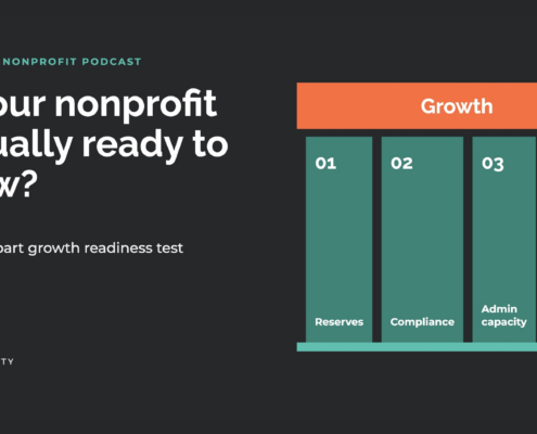 Nonprofit growth readiness test graphic showing growth supported by four pillars: reserves, compliance, administrative capacity, and staff capacity, from The Charity CFO.